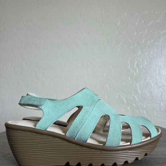 Skechers Parallel Stylin Suede Cutout Platform Wedge Sandal Mint Green 10 Wide - Picture 1 of 11